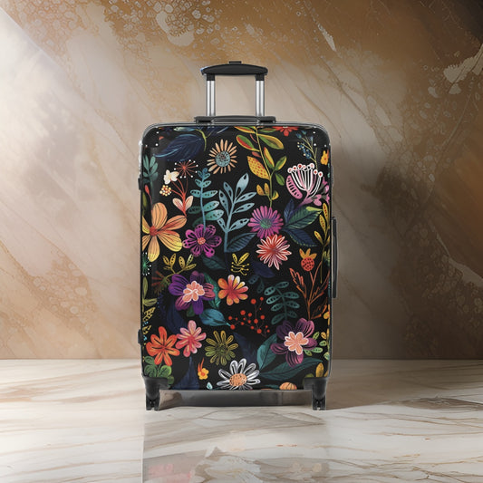 Black Floral Hippy Maximalist Suitcase